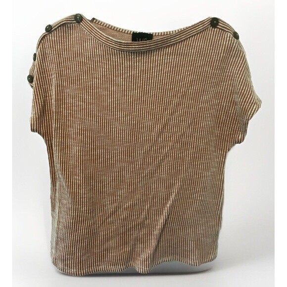 W5 Size Small‎ Brown And White Stripe Button Accent Sleeves Scoop Neck Tee - Picture 1 of 5
